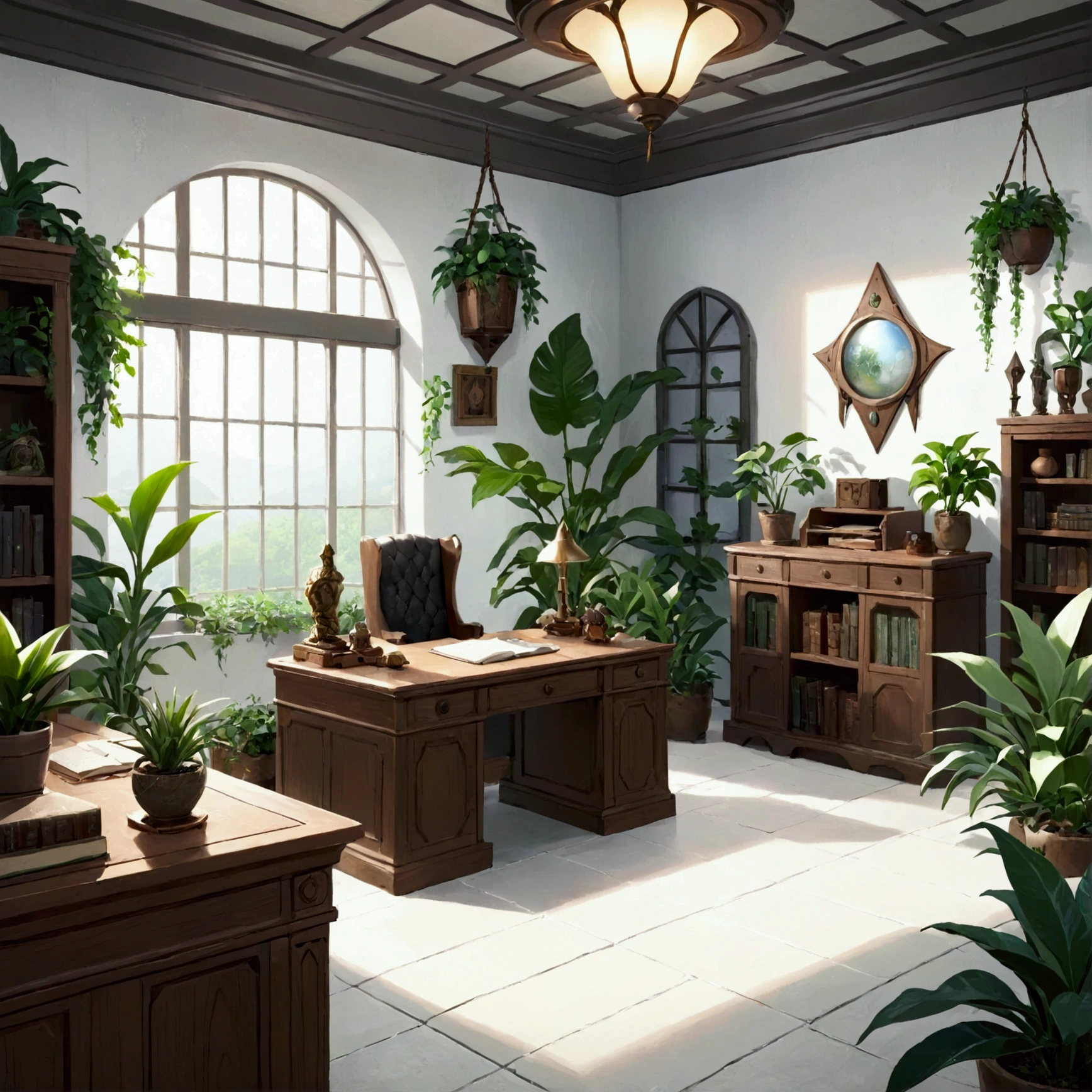 Room with white tones、Wizard's Room、bright、There are plants、There is a desk in front of you、Background for broadcast