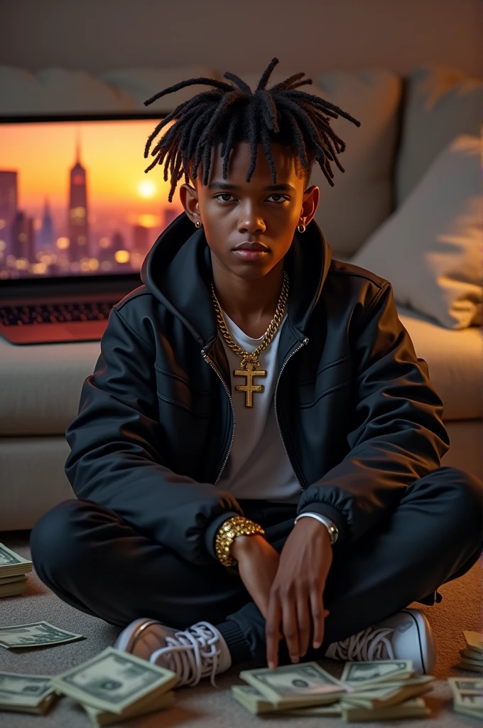 What if a teenager boy having short beautiful dreadlock putting on a black jacket with a beautiful gold chain and a cross pendant is now sitting on a couch, surrounded by stacks of money, and holding a laptop with a screensaver of a cityscape at sunset,...