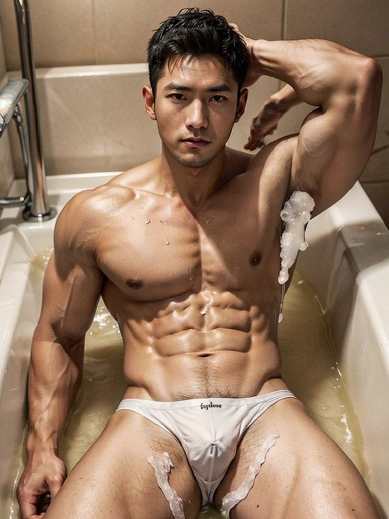 (((short hair)))，寸头short hair，Two bits(((40 years old Japanese handsome muscular bodybuilder with stubble lying in bathtub))), blush，(((Painful expression)))，Sweaty，very handsome, Perfect facial features, No clothes, Armpit Hair, Pure black background, Fit body, Perfect composition,  beard,(((日本short hair肌肉健美冠军)))，No chest hair，Smooth pectoralis major，(((asshole,，，Occluded，Sprinkling，White，Whitecum，Transparent Thong)))，, Provocative, (((Wheat skin color)))，muscular,, Ultra-high quality, XT3, Crystal clear, 8千 ultra high definition, High Detail, Ultra-realistic photos, (Realistic skin), ((Pores)), ((High Detail skin)), Volumetric Light, groin, Far, Complex 3D Visualization, High Detail,Real human skin ((Correct body structure)), (((Correct anatomy))),(((Forced noise reduction)))