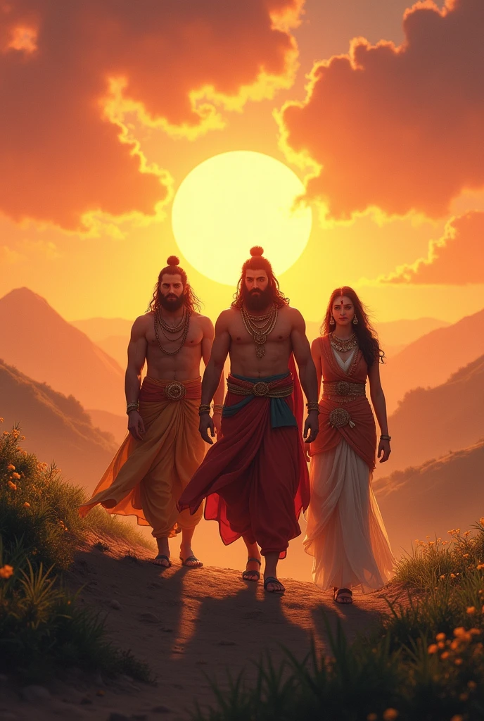 A grand illustration of the Pandavas and Draupadi returning from exile, with a bright sunrise in the background, symbolizing hope and new beginningIn dall e-3 style