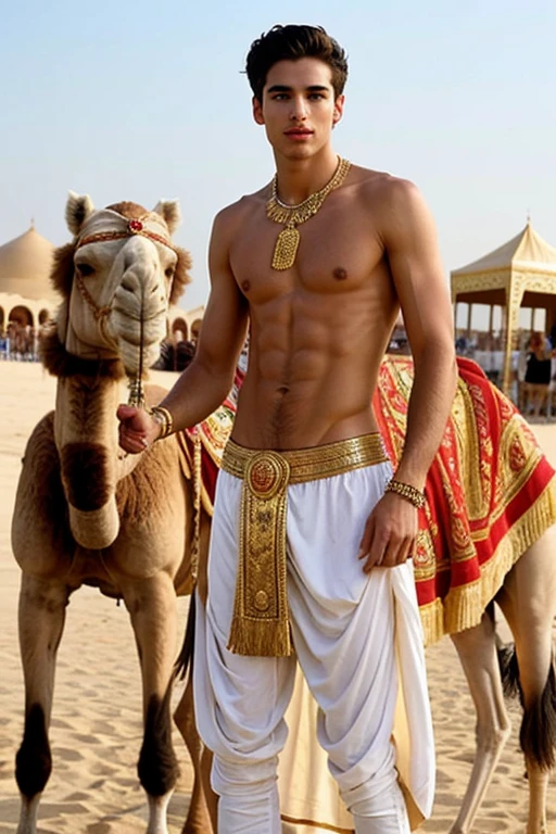 Young handsome cute white skin smooth skinny beautiful face shirtless In the Arena decert dressed in golden Arab clothing with a camel