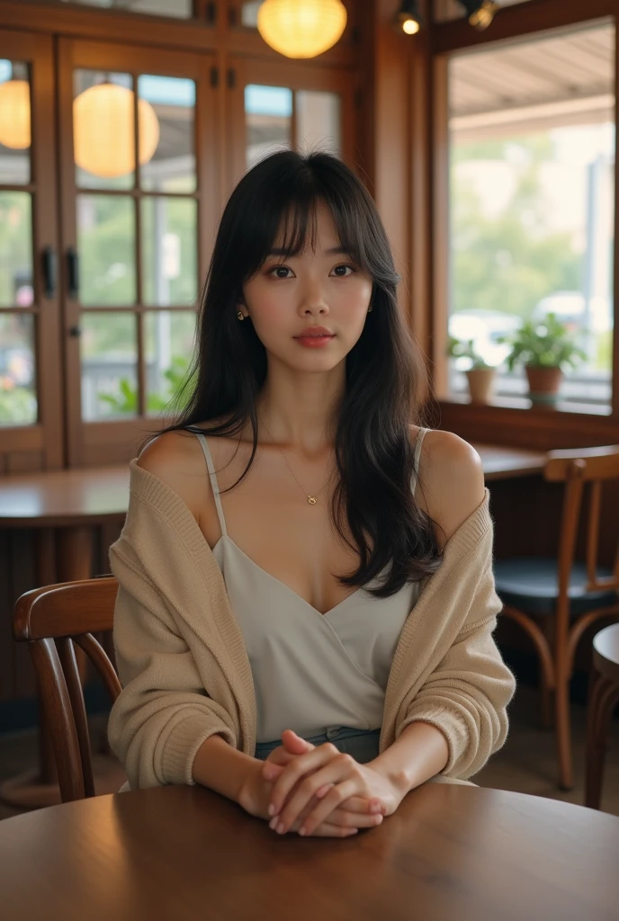 A beautiful Japanese woman in her early 20s with long straight hair、Sleeveless with arms sticking out of the cardigan、I&#39;m meeting you at the cafe.、Sitting in a chair、live-action、
