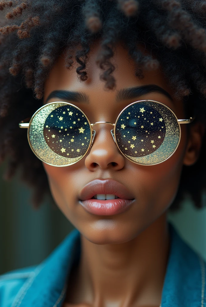 The model is wearing glass sunglasses with stars and the moon on the glass