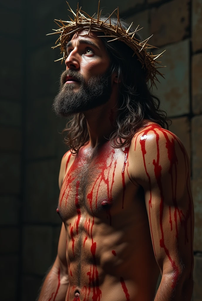 An image of Jesus on the cross with tears in his eyes covered in blood