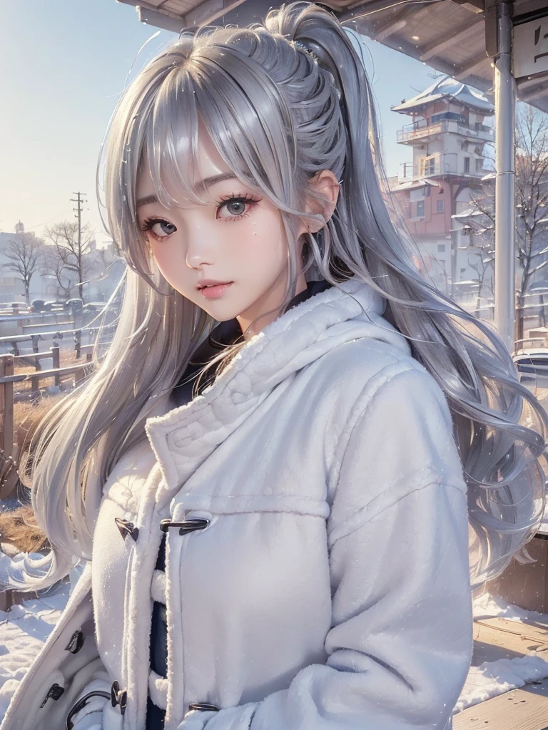 ((cute girl, face, style of painting)).(Upper body portrait:1.5)((masterpiece:1.5))((alone、Huge headphones:1.5、A woman wearing a large duffle coat、Shorts、コートでShortsが隠れる、Put your hands in your pockets、Detailed face、Big Eyes、Bright expression、Big beautiful breasts、Best Looks、Ultimate beauty、Shiny silver hair with highlights、明るい and shiny hair,、Modern Hairstyles、Hair dancing in the wind))(morning、Countryside Winter、Abandoned station platform)Please look away from here、Beautiful profile
