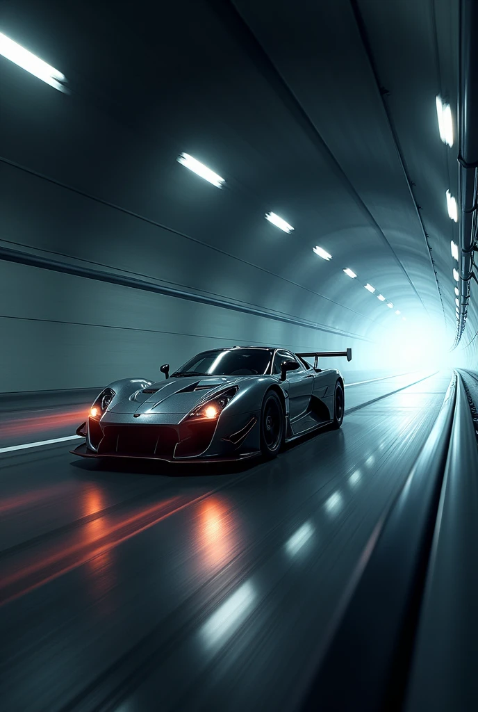 Sports car speeding through a dark tunnel with motion blur and light streaks, wide-angle lens, low exposure for dramatic effect.