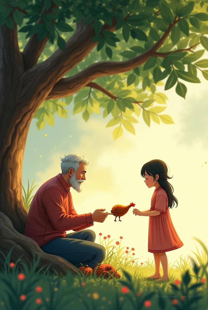 Depiction of a father sitting in the shade of a tree,A heartwarming scene of handing the chicken leg to the daughter。