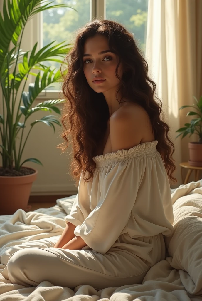 (photorealism:1.2), beautiful woman, sitting on bed, wearing loose off-shoulder top, pajama pants, long curly hair, indoors, soft lighting, plants in background, window with sunlight, cozy room, relaxed pose, realistic, intricate details, warm colors, by Greg Rutkowski, by Alphonse Mucha
