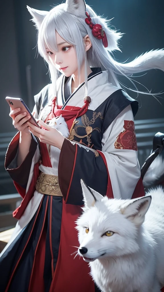 Someone is playing a game on his phone using a photo of a girl, From Arknights, trending on artstation Pixiv, White fox, onmyoji, by Kamaguruka, No type, Pixiv daily ranking, trending on Pixiv, Zerochan Art, The Detailed Art of the Onmyoji, featured on Pixiv, Pixiv
