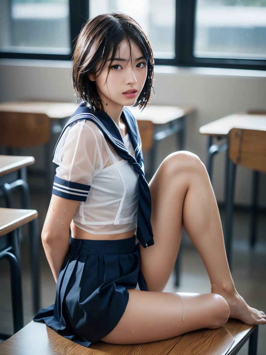 (masterpiece:1.2), Very detailed, Ultra-high resolution, (Realistic, photo Realistic:1.6), High-resolution RAW color photos, Professional photos, Sharp focus:1.2, (Very detailed顔と肌の質感, Very beautiful eyes, Glossのある肌, Glowing Skin, Glowing Skin, Shining Face, Gloss, Oily skin, greasy face, Oily skin, greasy face,),, (real Glossのある肌 texture), Perfect Anatomy, Very detailed背景,(High school classroom at night),1 female,25-year-old woman, Japanese women,Height: 168cm,(short hair, Straight hair, bangs, Brown Hair),((Flat Chest:1.6)),(Slender legs), ((((White short-sleeved sailor suit、Navy blue pleated skirt:1.5、Perfectly detailed sexy thong panties under skirt,barefoot))),((sit at a desk with your knees up,From the side:1.3))、(((Wet and sheer sailor suit:1.4))),Invite to sex