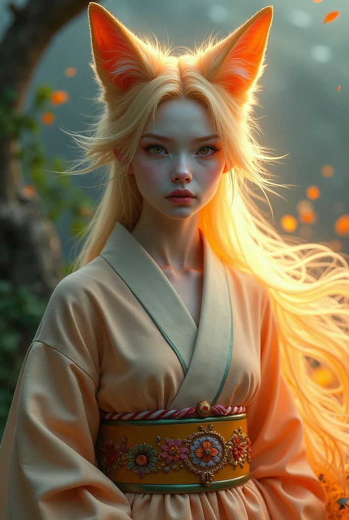 Beautiful female fox spirit、Detailed facial features、Long eyelashes、Traditional Japanese elegant kimono、Detailed kimono texture、Flowing Hair、Photorealistic cinematic lighting、Fantastic landscape、Shining Aura、Exquisite detail、Vibrant colors、Digital Art、Concept Art Style