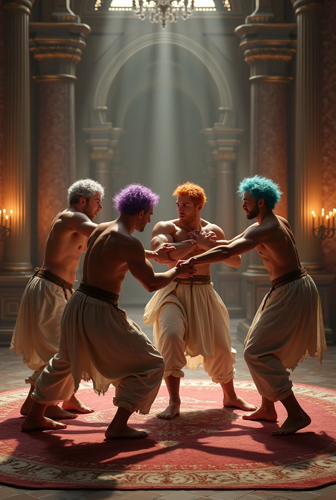 (photorealism:1.2), five handsome men, playing at fighting each other, lying on the floor, on a rug, inside a castle, They wear light medieval clothing, light of many candles, One of them has to be silver hair and pale skin., another has purple hair and olive skin, another has orange hair and pale skin, another has light mint green hair and pale skin and the last has warm skin and navy blue hair