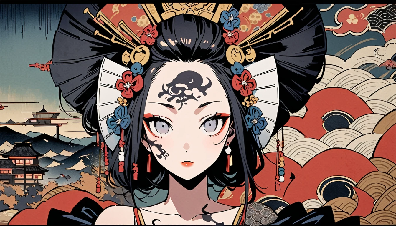 Ink painting, (((1 girl))), (((Tattoo in the middle of the forehead))),(((In the background is the Akatsuki moon))), (((Oiran))), (((Great hair accessories))), Japanese style headphones, Demon possession, (((Grey eyes with engraving inside))),Face up close, Japanese beauty, White hair, Sensitive and precise, Modern Ukiyo-e style, Highest quality, katsushika hokusai, (((Elements of horror))), beautiful girl, Sensitive and precise, Modern Ukiyo-e style, Cyberpunk city,