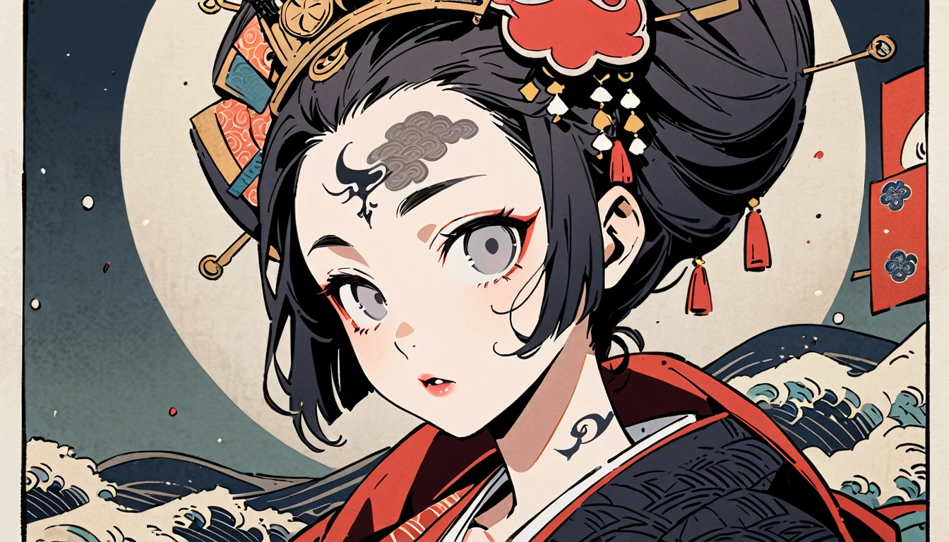 Ink painting, (((1 girl))), (((Tattoo in the middle of the forehead))),(((In the background is the Akatsuki moon))), (((Oiran))), (((Great hair accessories))), Japanese style headphones, Demon possession, (((Grey eyes with engraving inside))),Face up close, Japanese beauty, White hair, Sensitive and precise, Modern Ukiyo-e style, Highest quality, katsushika hokusai, (((Elements of horror))), beautiful girl, Sensitive and precise, Modern Ukiyo-e style, Cyberpunk city,