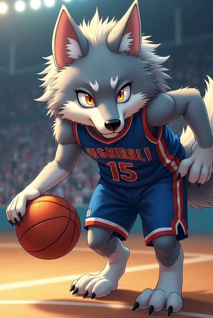masterpiece, high quality, Absurd answer, number \(artwork\), by Dagasi, Yes,Seizan,(Fluffy fur:1.1),(bright:0.8),Anthropomorphic male wolves. (Orange Eyes,Gray blue fur, Body hair, Wolf nose:1.2), bright eyes,panoramic,character focus.Detailed background,(Basketball Jersey, Sweating,Dribbling, play basketball:1.2),(indoor, Basketball Court:1.2)