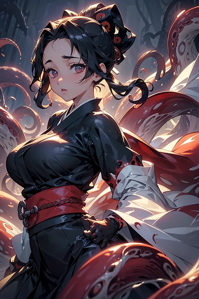 (((beautiful))), (((kimono, One Woman, from front, Fighting Pose, Attacked by a tentacle creature))), ((Black Hair, parted bangs, forehead, Long Hair, ponytail, hair ornaments, Chubby)), Large Breasts, Huge Saggy Tits, Glowing Skin, Wet Skin, (((Intricate details))), High resolution, ((Intricate details, Ultra-detailed)), cowboy shot, (looking at viewer, look at viewer), Red cheeks, painful, depressed, Dark Room, night,