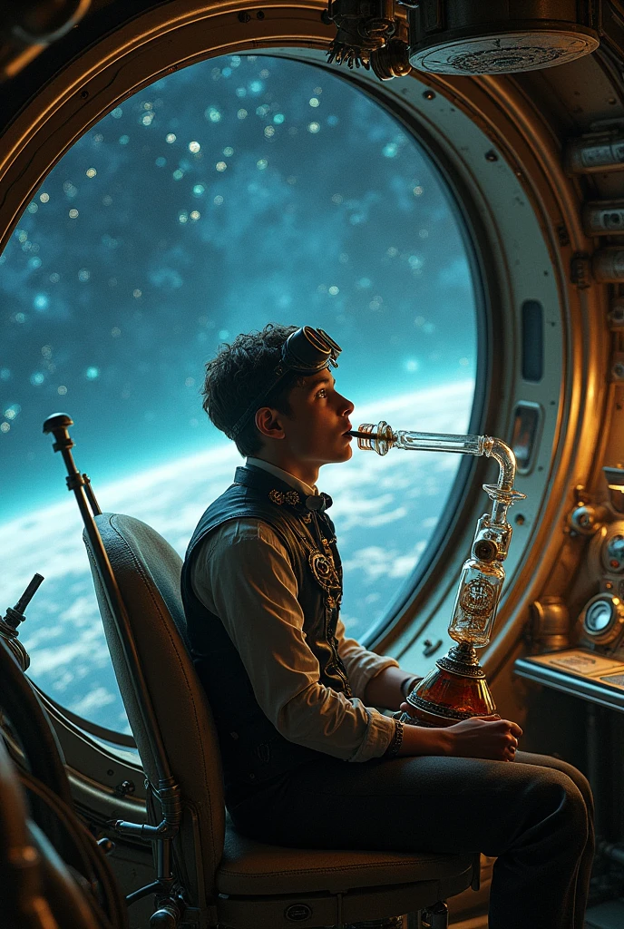 Steampunk style boy smoking weed from bong Sitting in the ship looking at the universe