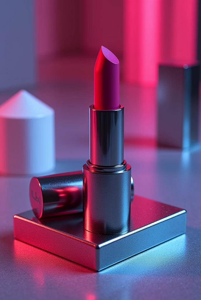 Create a lipstick with the product packaging is metallic and futuristic 