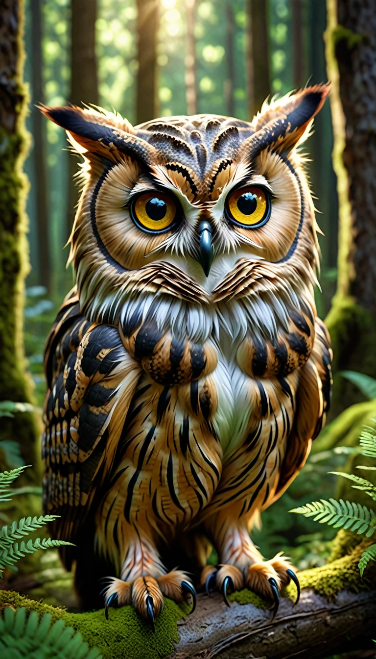 a four-eyed cat-owl with a human face in a forest, highly detailed, (best quality,4k,8k,highres,masterpiece:1.2), ultra-detailed,(realistic,photorealistic,photo-realistic:1.37),intricate creature, realistic lighting, fantasy creature