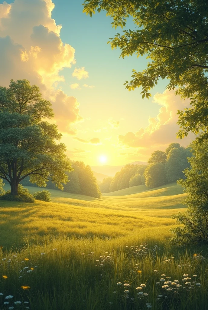 It represents a perfect day with a serene and joyful atmosphere.. Imagine a landscape that radiates tranquility, with a clear and bright sky suggesting a sunny day. Add details like a gentle breeze rustling the leaves of the trees and a warm sun illuminating everything with a detailed golden light, masterpiece, Best Quality, High resolution