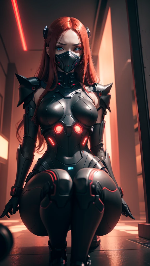 View from below, angle from below, flat horizon photo, Android girl in a pose sitting on her knees , she has long red hair, she has a mask on her face, a respirator, a woman with sexy hips, half a cyborg modification. Beautiful face, black metal cybernetic android robot body in black color, with red lines of indicators and diodes with many red parts, cybernetic armor with a red glow from under the joints and joints, she has blue eyes and stands tall , frame with a flat horizon, Anime Style Photography , black background Cyberpunk style, the camera films Her from below, lower angle of photography, black background image of a night black city and red neon lights, red lamps, red lighting, red flashes in the background