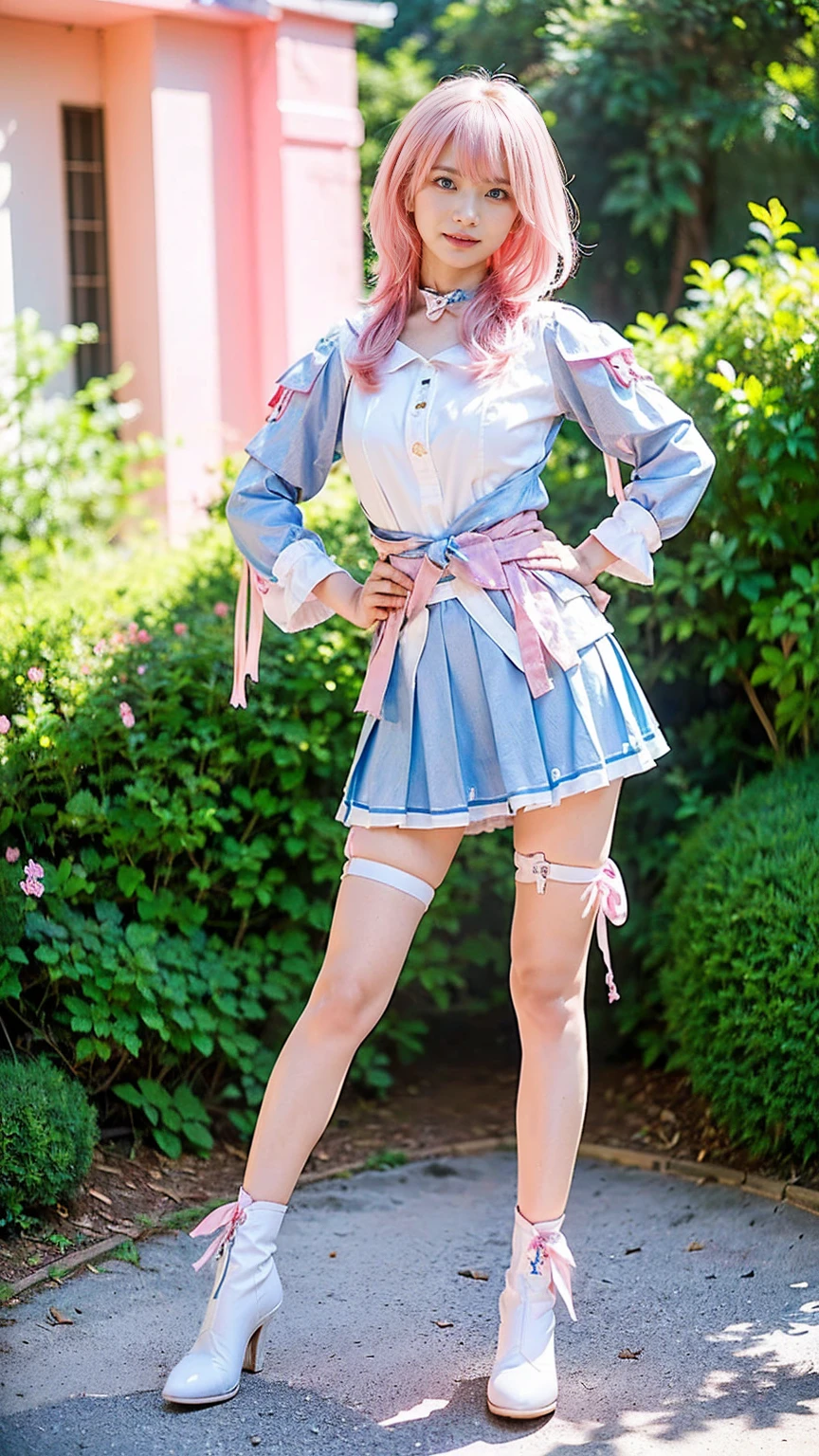 (8k、RAW Photos、Highest quality、masterpiece:1.2)、(Realistic、Realistic)、1 girl、((white、pink、light blue、mini skirt、pinkの髪、Breast enlargement、boots、ribbon、Thin legs、whole body、View from the front、Looking into the camera、garden、Stand with hands on hips))、cute