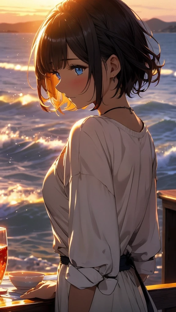 Beautiful Eyes, Tabletop, Highest quality, 1 girl, alone, sunrise, coastal, From the side, Winters, Sukajan, short hair