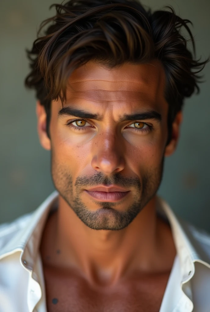 Extremely handsome man in tanned skin with brown eyes