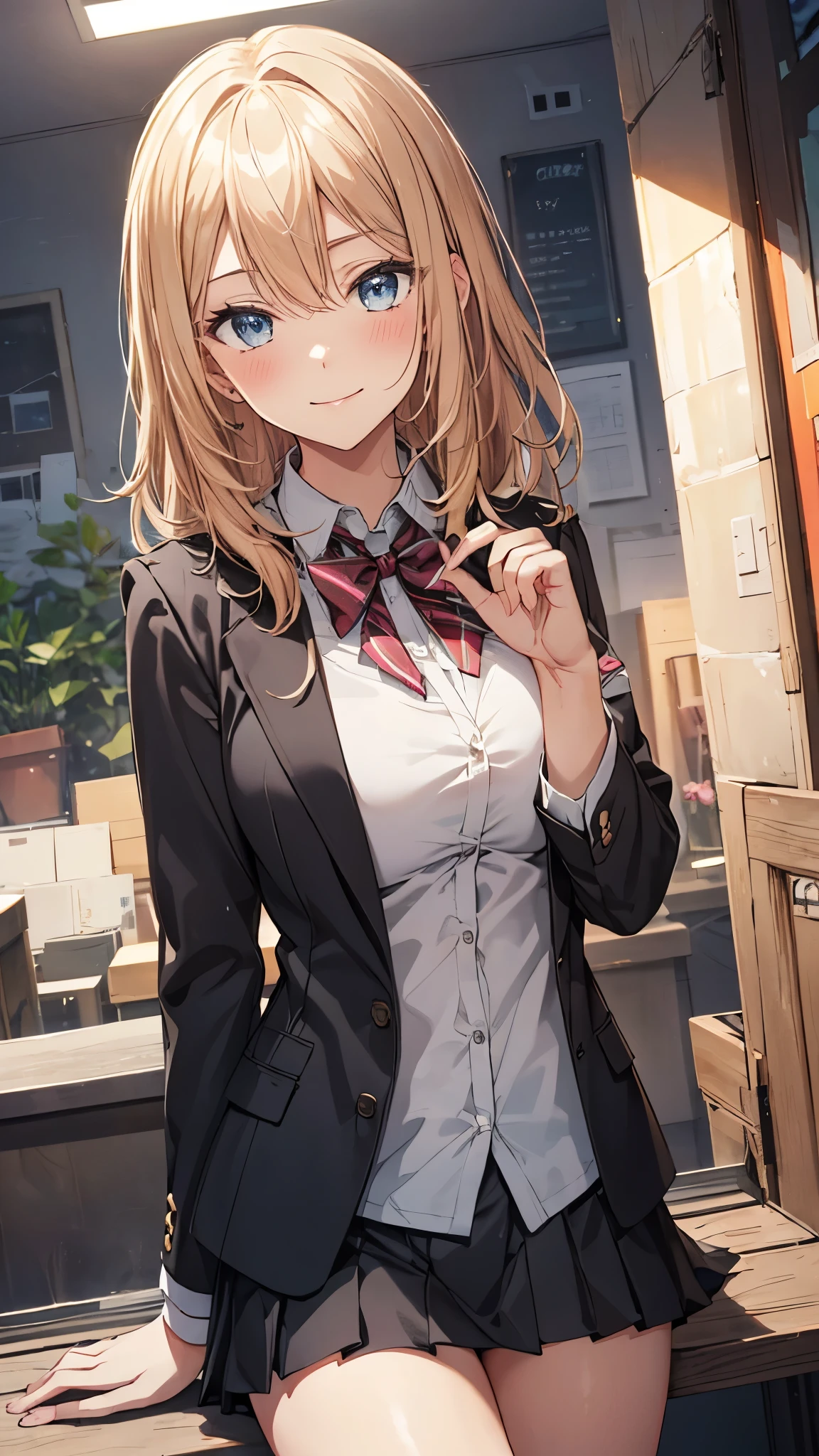 1girl,solo,Olivia, blonde hair, blue eyes, medium hair,large breasts, blush, smile,school blazer,mini skirt,thighs,white panty, masterpiece,Noise Reduction,perfect anatomy,high resolution, ultra-detailed, ultra-detailed face,game cg,dutch angle ,beautiful detailed eyes,visualart,five fingers, perfect hands, perfect lighting,