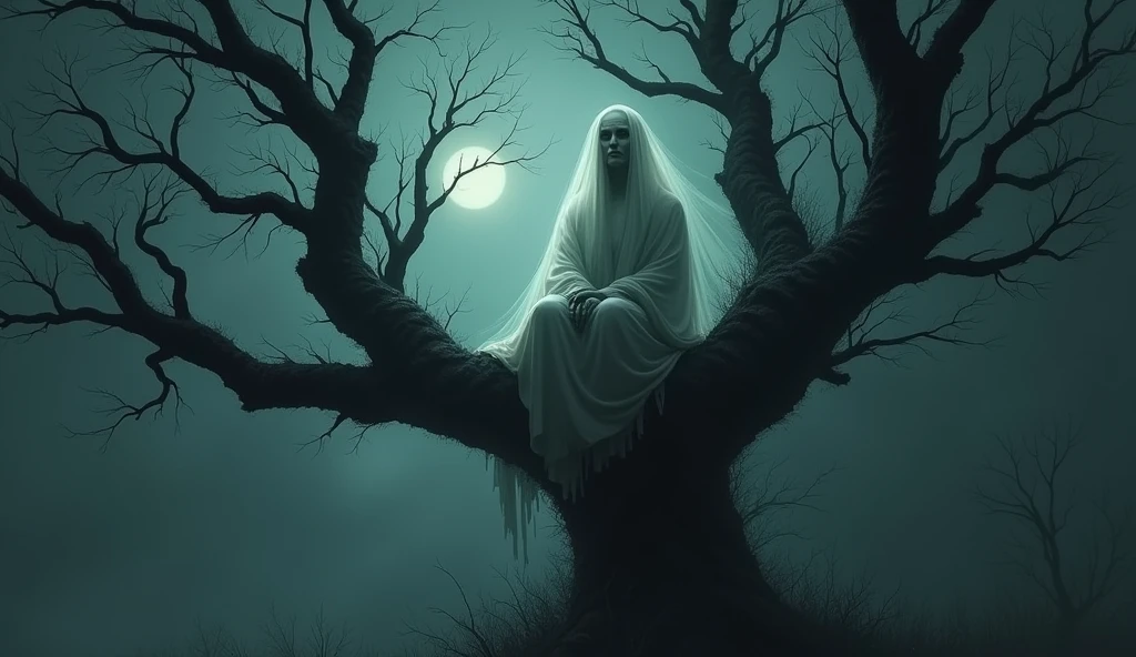 A ghost wearing white clothes sat on top of the tree.