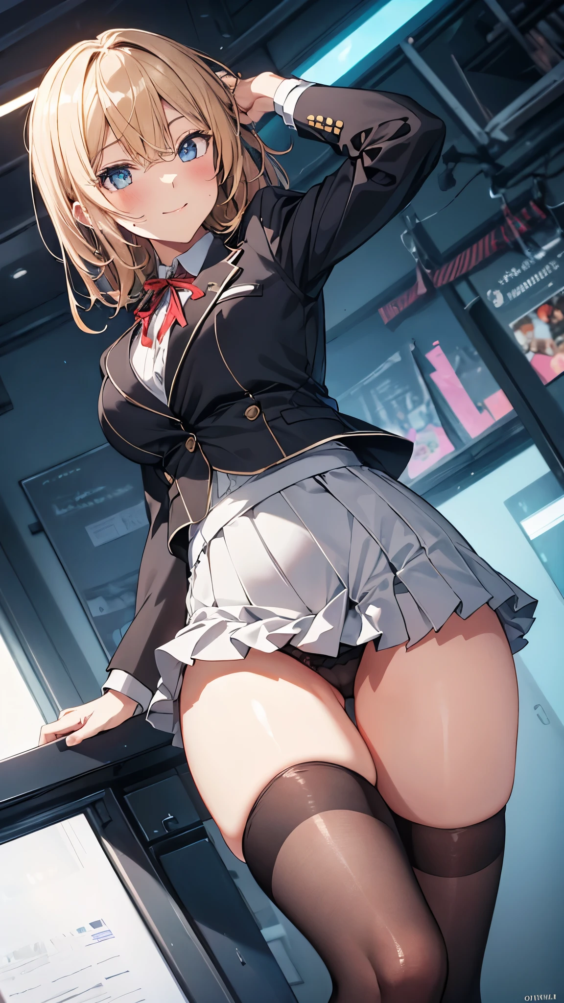 1girl,solo,Olivia, blonde hair, blue eyes, medium hair,large breasts, blush, smile,school blazer,mini skirt,thighs,white panty, masterpiece,Noise Reduction,perfect anatomy,high resolution, ultra-detailed, ultra-detailed face,game cg,dutch angle ,beautiful detailed eyes,visualart,five fingers, perfect hands, perfect lighting,