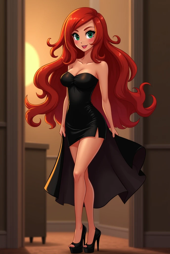 , best quality, 1girl, starfire, red hair, long hair, green eyes, orange skin, black strapless mini dress, peep toes platform high heels, solo, looking seductively at viewer, blushing intensively, solo, facing, large beast, large ass, full body shot, dick in vagina, having vaginal sex, smiling