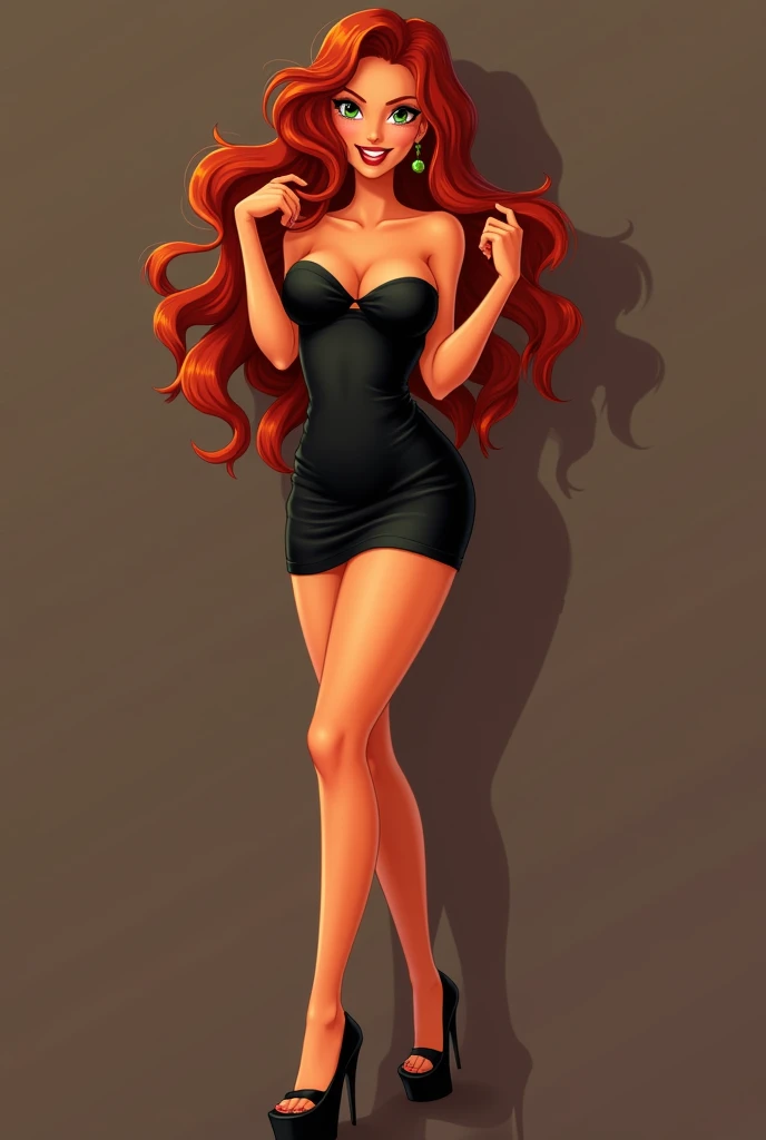 , best quality, 1girl, starfire, red hair, long hair, green eyes, orange skin, black strapless mini dress, peep toes platform high heels, solo, looking seductively at viewer, blushing intensively, solo, facing, large beast, large ass, full body shot, dick in vagina, having vaginal sex, smiling