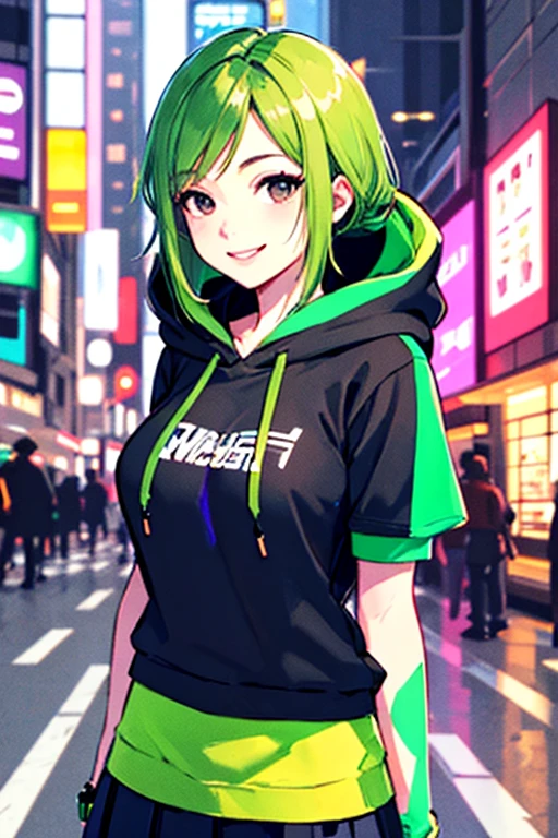 ((masterpiece)), (((best quality))), chromatic lighting,
colorized, green + white limited color palette,
detailed concept drawing,
Shibuya street girl, cyberpunk, futuristic,
portrait, 20yo 1girl, medium soft breasts, slender, hoodie, skirt, long green hair, black eyes, smiling
