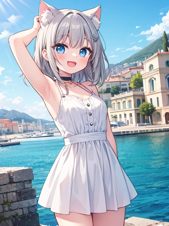 Summer vacation, ((trip)), South of France, ((Marseille)), port, (One girl), cute, (happiness:1.3), Open your mouth, (Arms at your sides:1.3), (Cat ear), choker, ((Gray Hair)), Medium Hair, Blue Eyes, sunny, noon, Outdoor, from the front, Cowboy Shot, ((Highest quality)), ((masterpiece)), (detailed), Perfect Face, Perfect Arms, Perfect hands, Perfect Fingers, anime, Ultra-fine illustration,