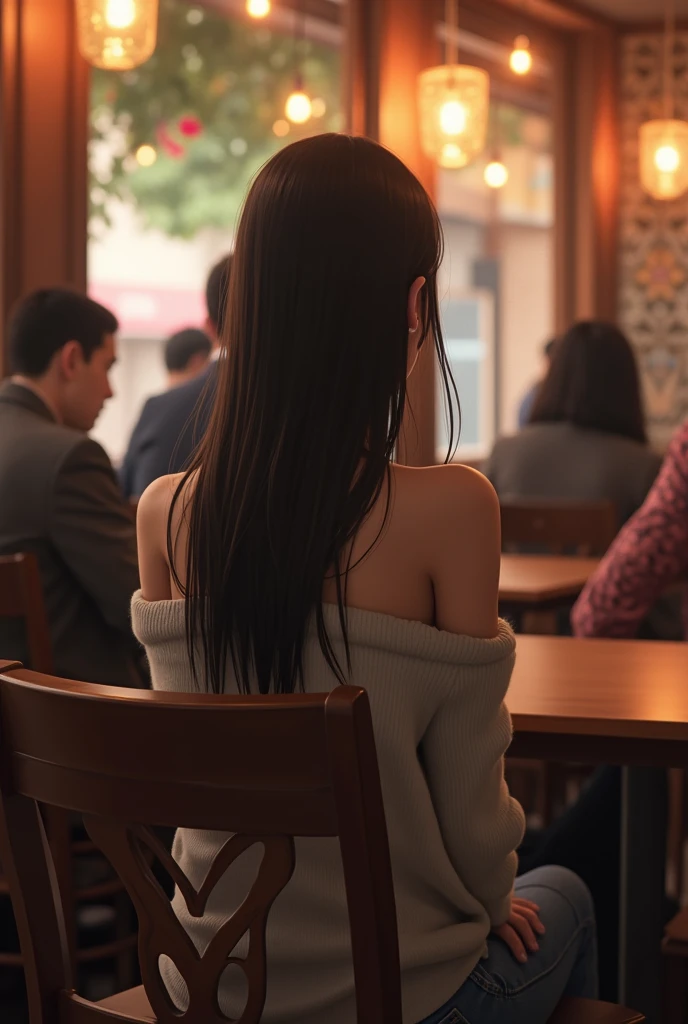 A beautiful Japanese woman in her early 20s with long straight hair、Sleeveless with arms sticking out of the cardigan、I'm meeting you at the cafe.、Sitting in a chair、live-action、I can see the backs of the people sitting behind me、