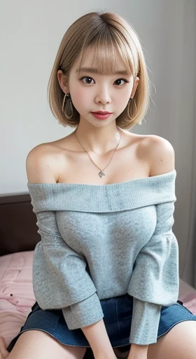 masterpiece, 8k, Award-winning photo, photoRealistic, Realistic, Very detailed, Ultra-high resolution, Ray Trakun, ///One person, The most beautiful, 20-year-old , (sexy, Japanese Idols), (blonde:1.2),///Human details Shiny skin , Detailed skin , Beautifully detailed face , Beautiful details , beautiful 歯, /// (double eyelid, Droopy eyes), Natural Lip, (Brightly colored large breasts:1.2), Sunburn, ///(((whole body, Squat,))), (from the front:1.3), Remember, ///(Bedroom:1.8), Blurred Background, /// Earrings,necklace,(Off-the-shoulder knit:1.5),Tight short skirt,A well-trained body,Red cheeks, ((Embarrassed face,Embarrassed face)),Big Breasts,(濡れてShine唇:1.5),Lee Hong ///Finished ultra-Realistic textures, RAW Photos,Shine,　Shen