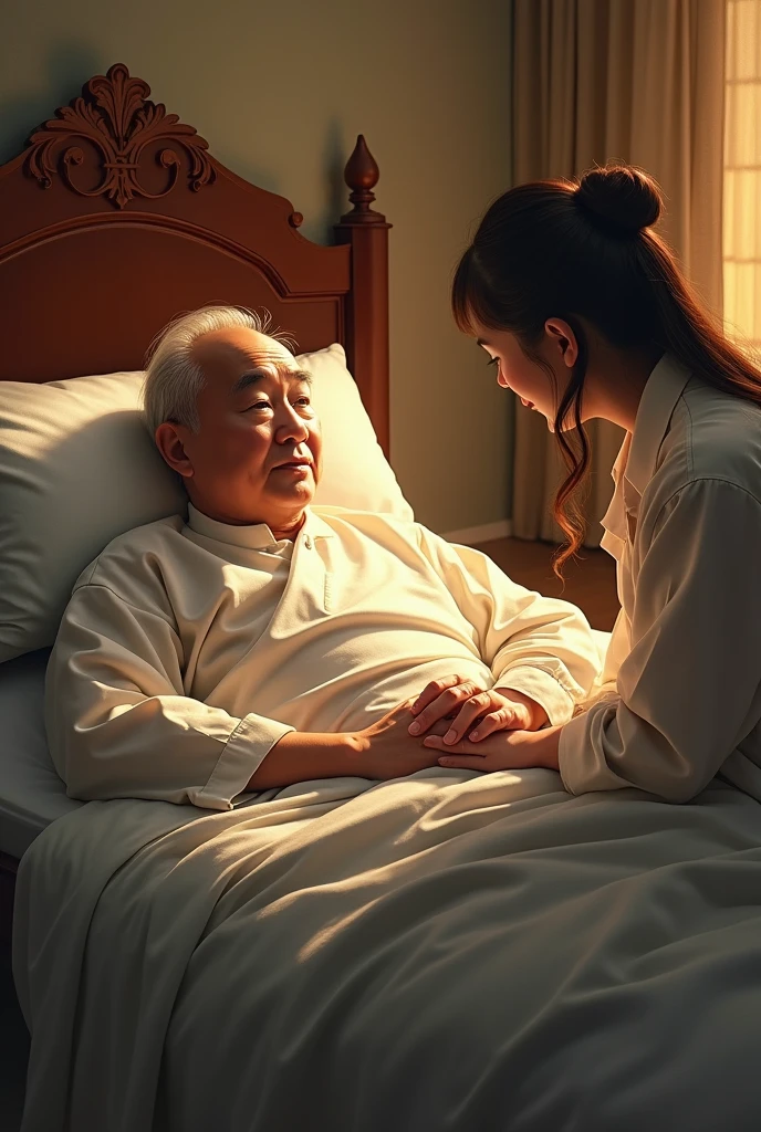 Reunion at the sickbed:
Depicting the elderly Zhang Fusheng lying in bed,Zhao Xiulan held his hand,Adult Xiaofang kneels beside the bed。Use soft light and warm tones to create a touching reunion scene。