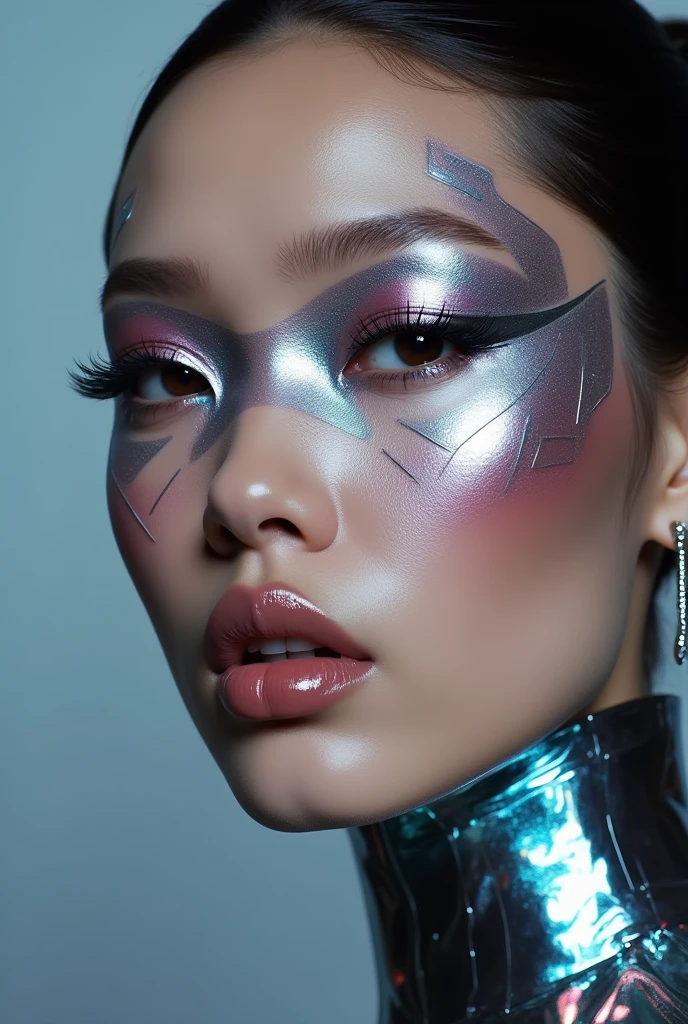 Create a makeup look with the product packaging is metallic and futuristic