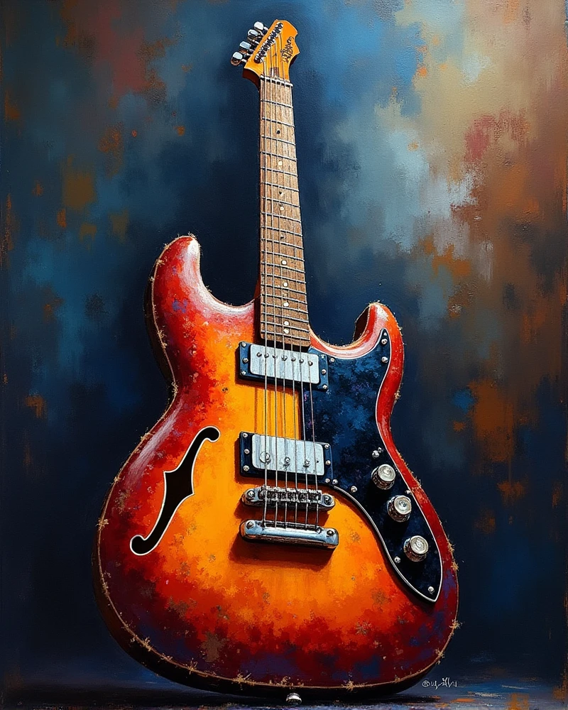 a beautiful oil painting of a complete guitar, watercolor painting, digital painting, impressionist painting, detailed intricate guitar, fine art, photorealistic, highly detailed, (best quality,4k,8k,highres,masterpiece:1.2),ultra-detailed,(realistic,photorealistic,photo-realistic:1.37),studio lighting,vibrant colors,dramatic lighting,textured brushstrokes,expressive colors,dynamic composition,atmospheric,moody,cinematic