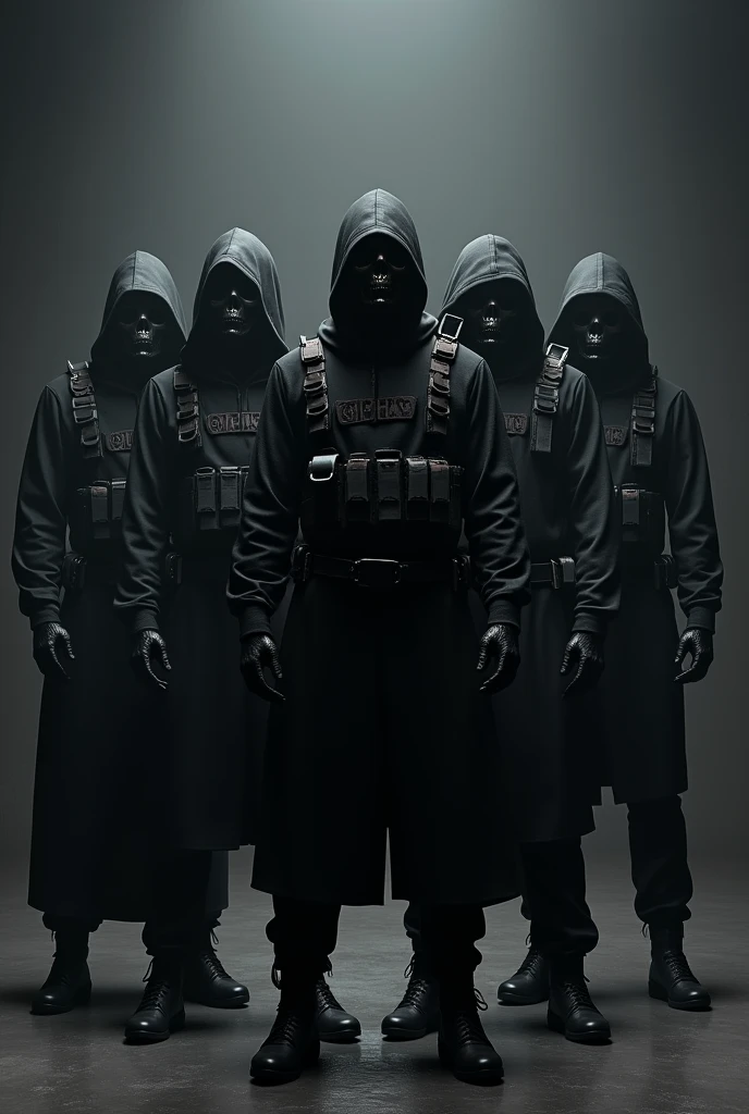 Five people in completely black weapons-like clothing with a skull