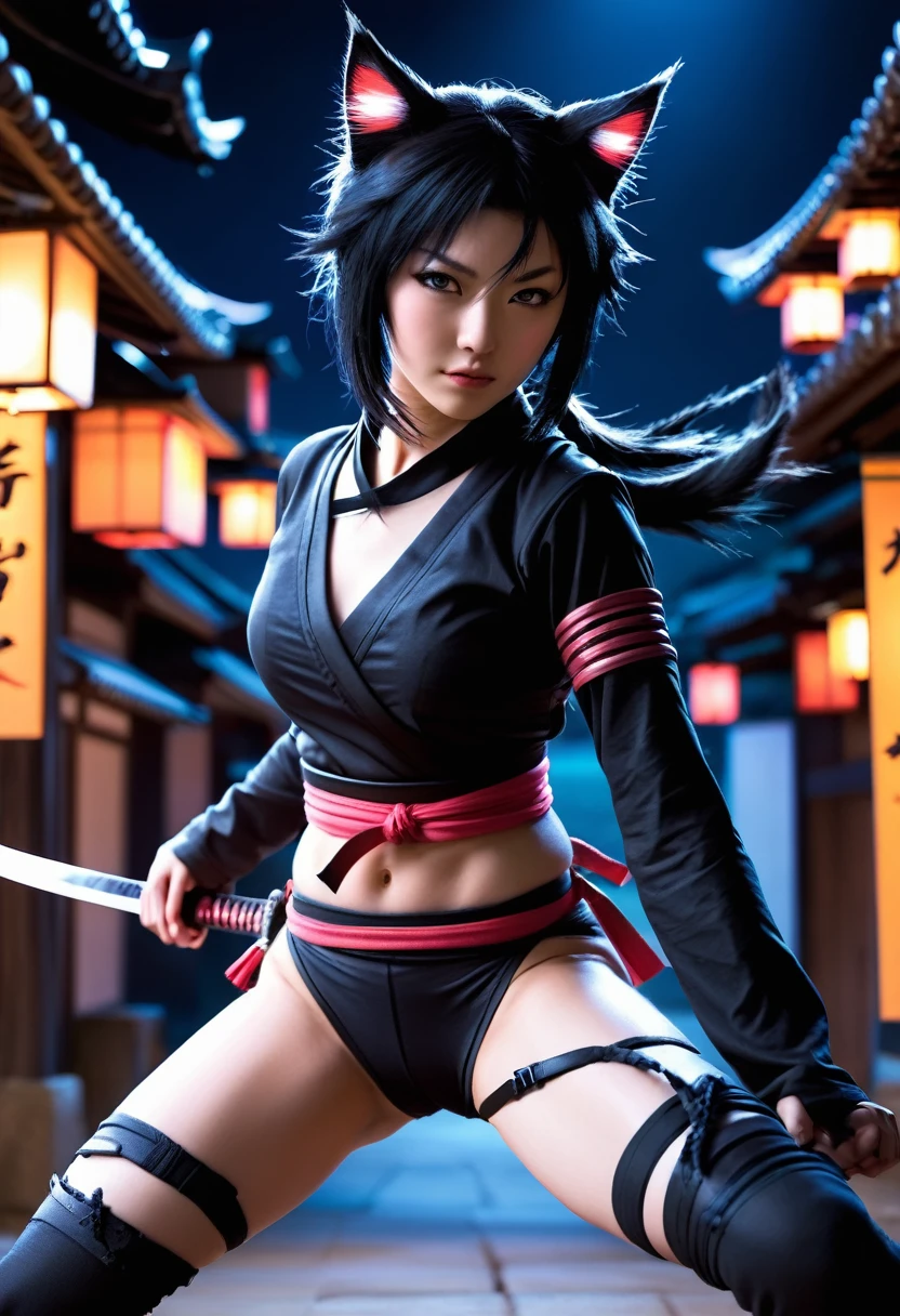 Monster Girl, Cat ear,20th Generation,Realistic Women, Black Hair,cute,Ninja,Kunoichi,night,no weapons