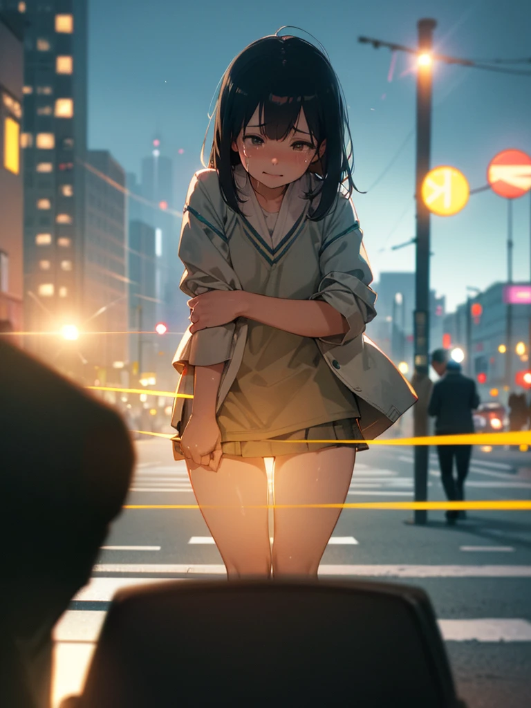 (Sumilux f1.4 50mm , low Latitude old color negative film , cross process , (bokeh), flare, chromatic aberration , soft focus, (Shallow focus) , soft glow , Maximum aperture, high Key , Transparent depiction , Tyndall) , Tokyo city street, intersection, (many people crossing the intersection) , crying girl , sunny day , focus face , front view