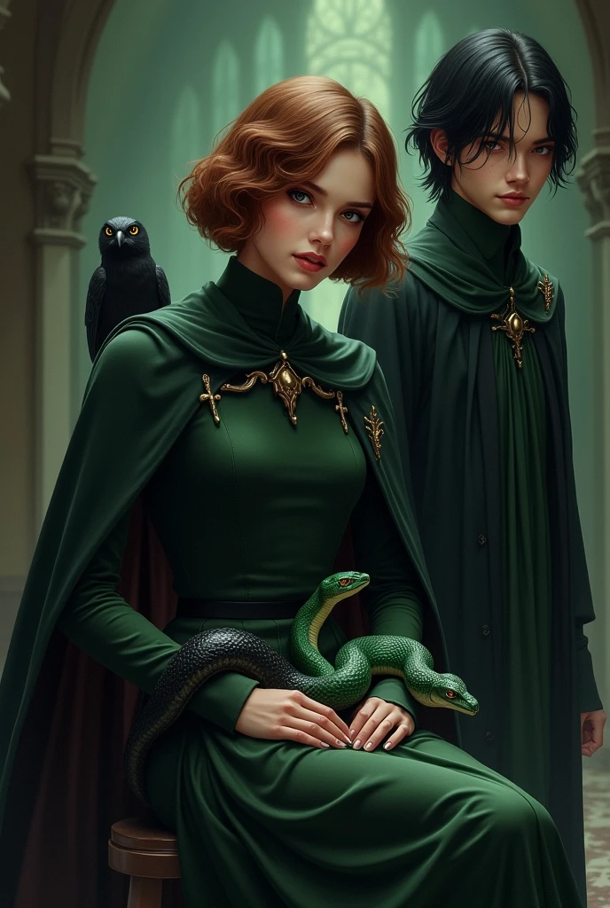 Draw a picture of a Gryffindor witch with short brown hair with two snakes on her lap, one black and one green, and behind her a tall young man with black hair and eyes too., with a black owl and the Durmstrang uniform