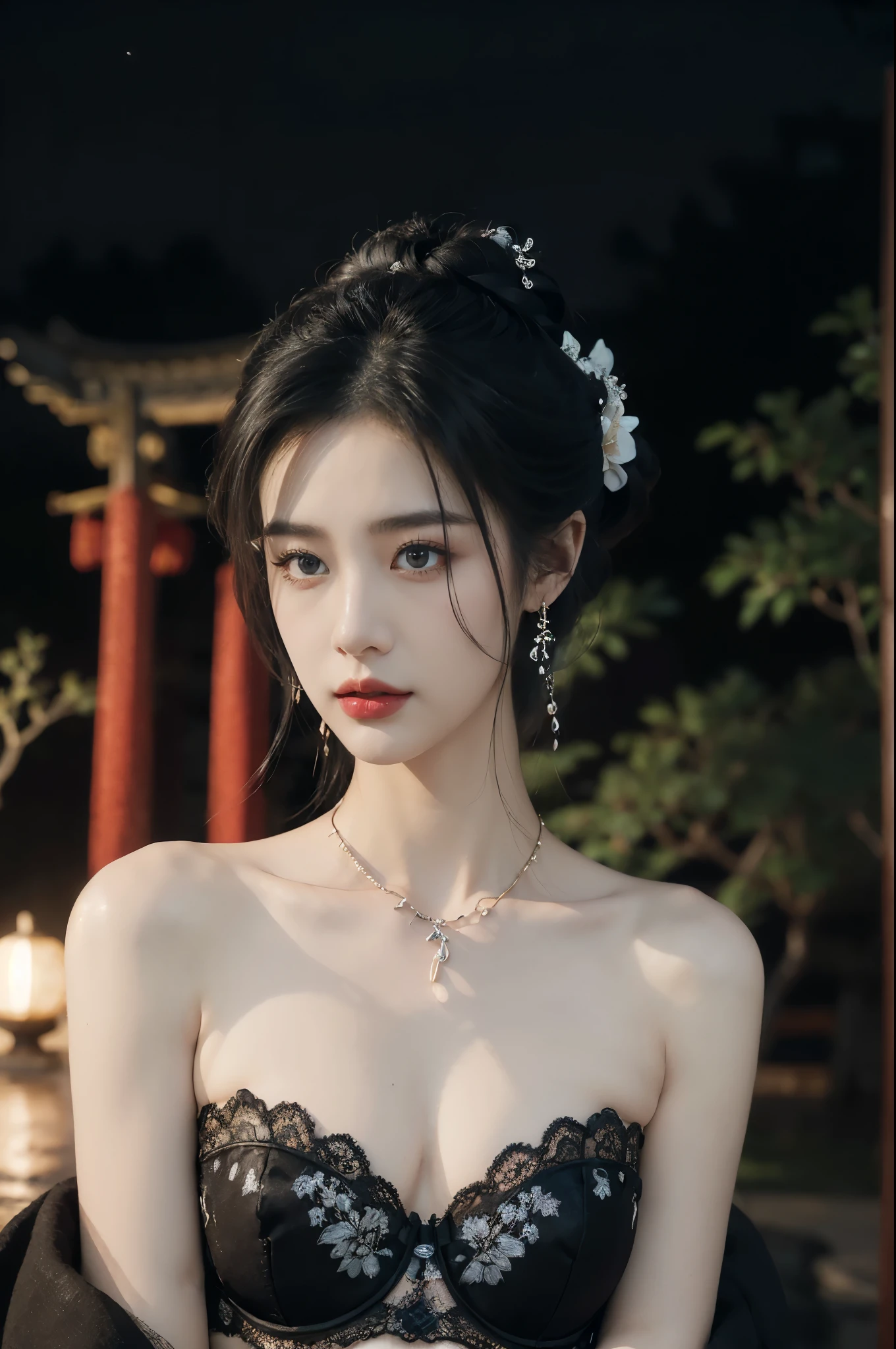 (((best quality))),(((ultra detailed))),(((masterpiece))),illustration,((1 beautiful girl,solo)),(bun hair:1.2),(Ghostly makeup:1.3),(fair skin:1.5),(red lips:1.2),(earrings:1.2),((slim,thin)),((small breasts,flat chest)),(strapless black floral embroidered lace bra:1.5),(A huge moon in the sky:1.3),(moonlit Chinese garden courtyard:1.3),(Ghost Festival:1.3),(Ghostly flames are drifting in the air:1.3),elegant and sophisticated,intricate patterns,curves,dark color,striking visual appeal,ethereal,enchanting,ghostly black blossoms,swaying branches,stone pathways,moss,eerie shadows,ancient pavilion,intricate wooden structure,mystery and intrigue,cicadas chirping,auditory symphony,embodiment of the festival's spirit,bathed in the moon's glow,delicate features,raven-black hair,waterfall of darkness,moon's luminance,captivating allure,sleek fabric,clung to frame,accentuating curves,highlighting beauty,striking appearance,ethereal beauty,hauntingly beautiful scene,captured essence,blend of beauty and mystery,(night scene:1.3),((from front,close-up of face))