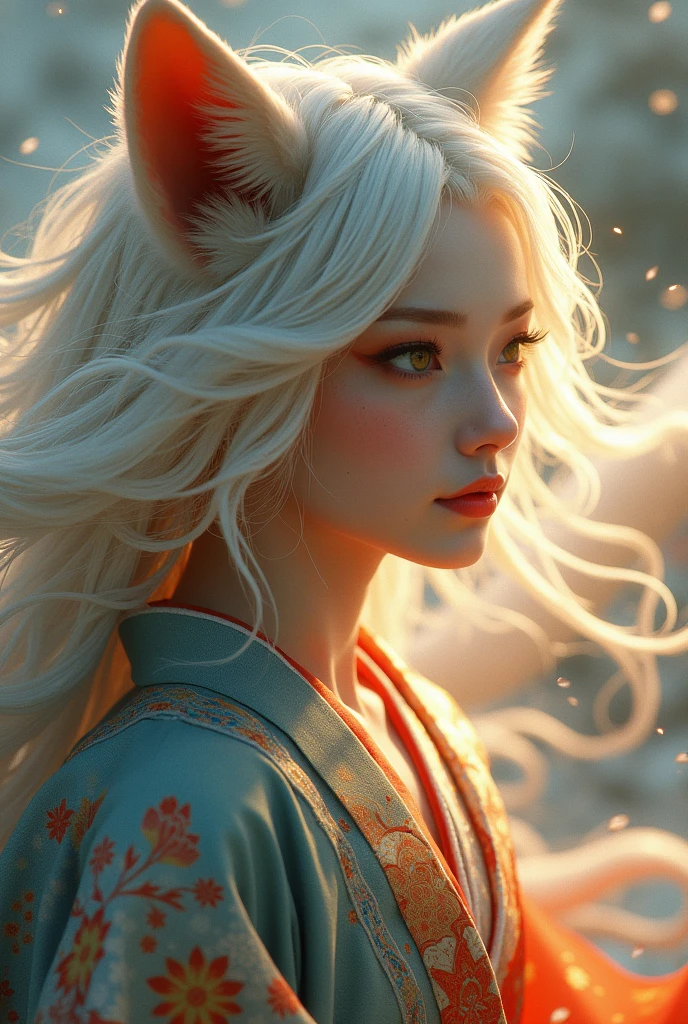 Beautiful female fox spirit、Detailed facial features、Long eyelashes、Traditional Japanese elegant kimono、Detailed kimono texture、Flowing Hair、peacefulness、Photorealistic cinematic lighting、Fantastic landscape、Shining Aura、Exquisite detail、Vibrant colors、Digital Art、Concept Art Style