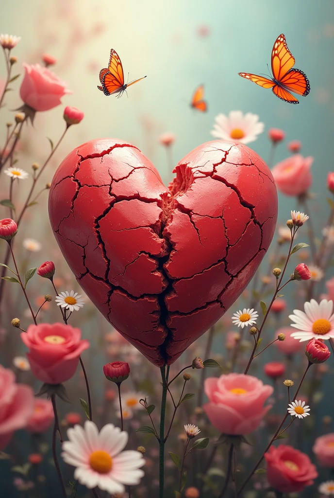 Cracked heart with flowers and butterflies