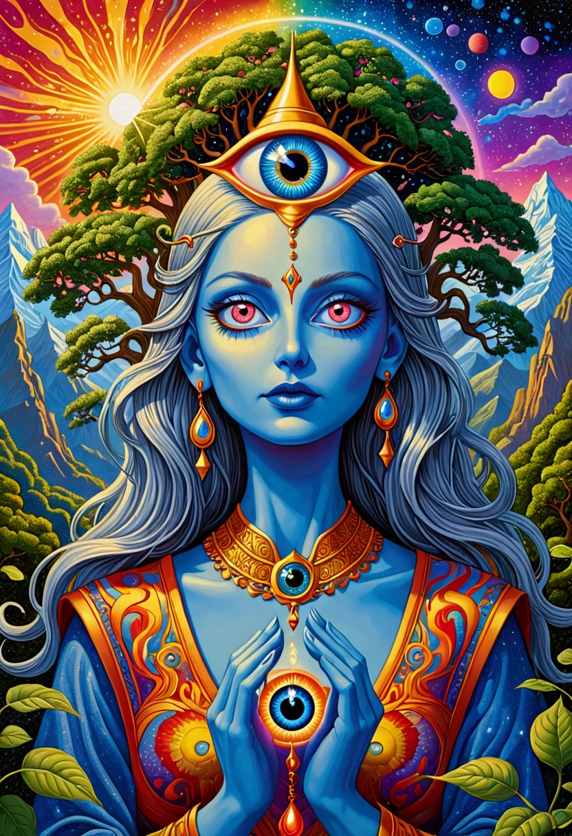 A painting，The Holy Grail of Brain Tree Eyes, Alex Gray Art, highly detailed Fantasy Art, Alex Gray and Tim Hildebrandt, psychedelic artwork, Alex Gray's style, Fantasy Art style, The Third Eye, alex grey style, Fantasy Art, dmt goddess, Chris Dale, Third Eye Vision, DMT art