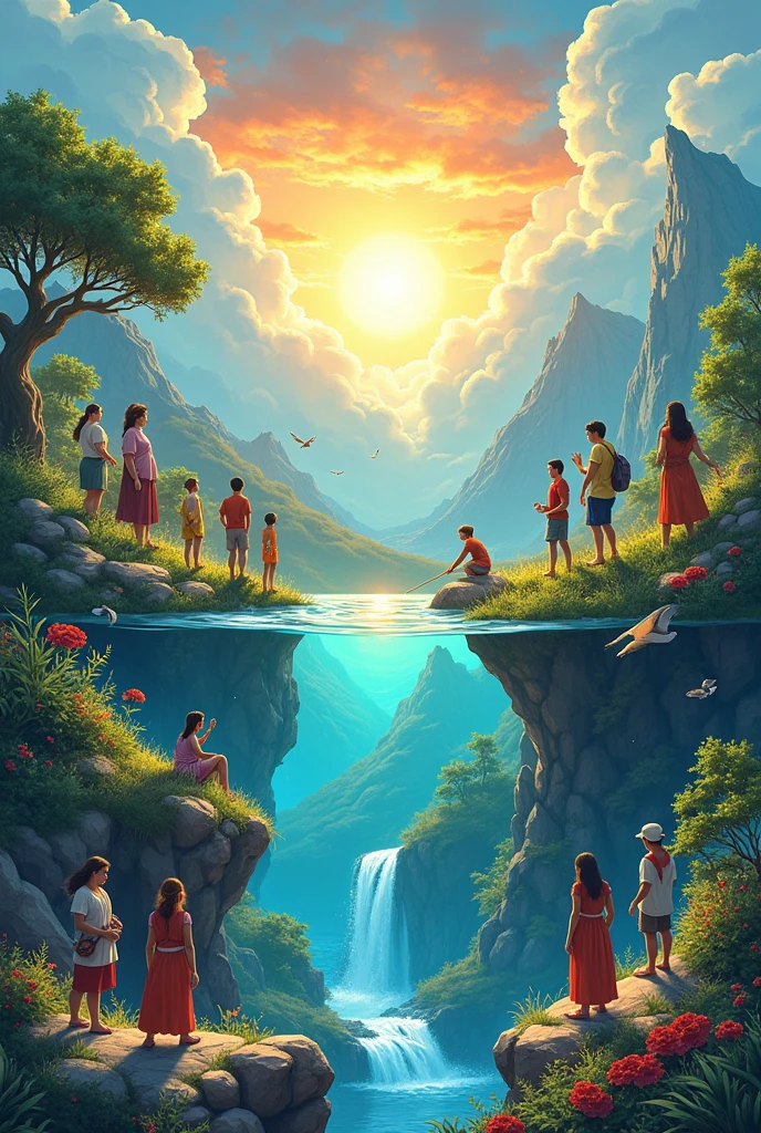 make a poster of relationship of biosphere atmosphere hydrosphere geosphere with humans enjoying