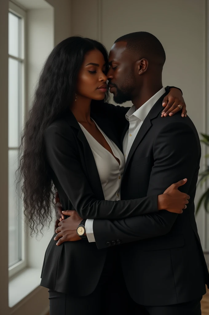 Black lawyer, Linda, long straight hair office, being hugged from behind by a black man, stark, 40 years old, Hyper-Realism